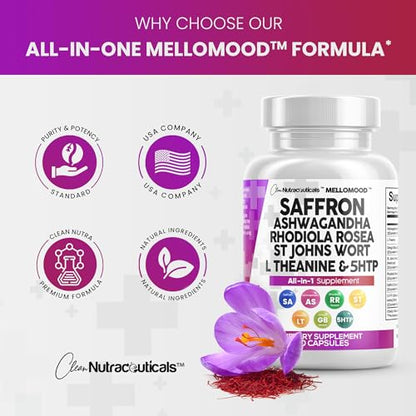 Clean Saffron Supplements with Ashwagandha 8000mg - Mood Support with L-Theanine