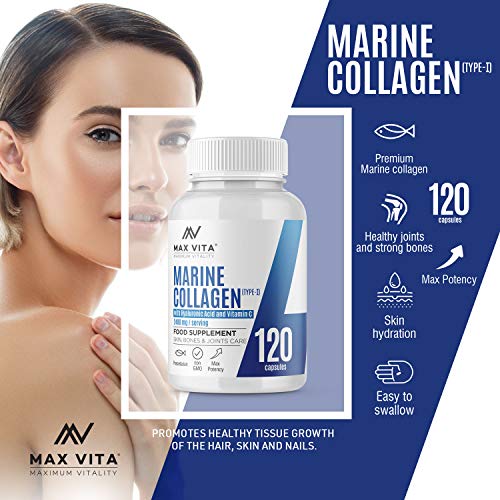 Marine Collagen Type 1 2400mg - 120 Capsules Supplement with Hyaluronic Acid and Vitamin C