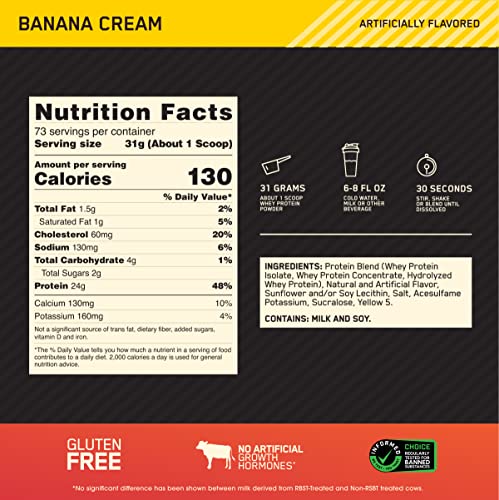 Optimum Nutrition Gold Standard 100% Whey Protein Powder, Banana Cream, 5 Pound