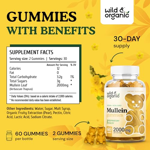 Wild & Organic Mullein Gummies - Daily Dietary Supplement for Respiratory, Digestive