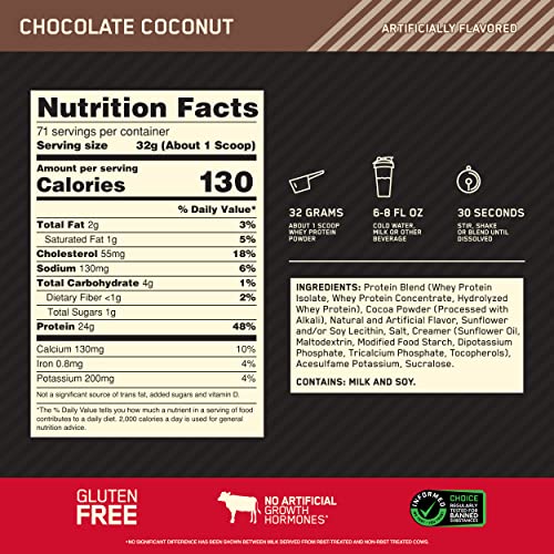 Optimum Nutrition Gold Standard 100% Whey Protein Powder, Chocolate Coconut