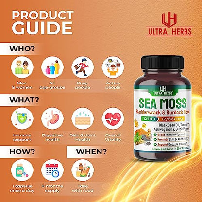 Organic Sea Moss Capsules 12,900mg with Black Seed Oil, Ashwagandha, Burdock Root