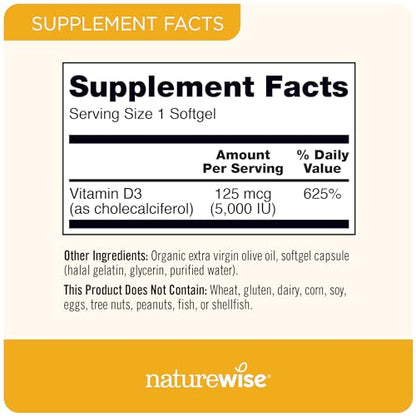 NatureWise Vitamin D3 5000iu (125 mcg) Healthy Muscle Function, and Immune Support