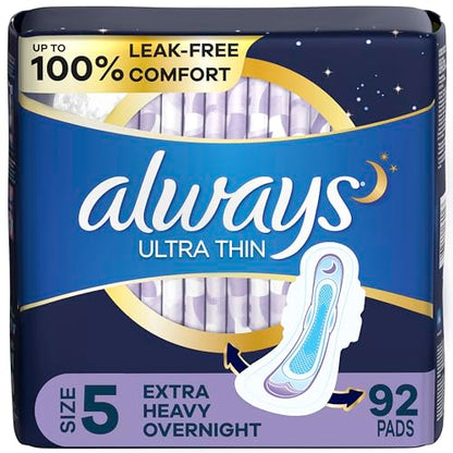 Always Ultra Thin Feminine Pads for Women, Size 5, Extra Heavy, Overnight Absorbency