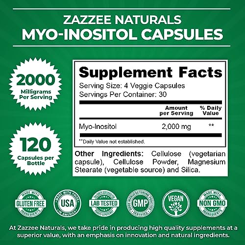 Zazzee Myo-Inositol Capsules, 2000 mg per Serving, 120 Vegan Capsules, Ideal Dosage