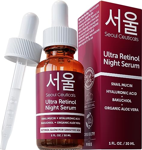 SeoulCeuticals 1% Korean Retinol Night Serum for Face - 97.5% Snail Mucin + Hyaluronic