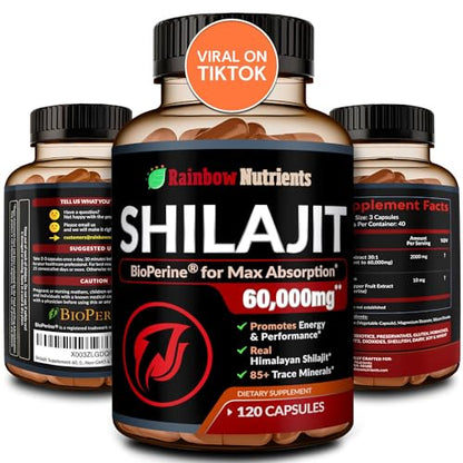 Pure Himalayan Shilajit Capsules Supplement (60,000mg+ Absorption Enhancer+50% 