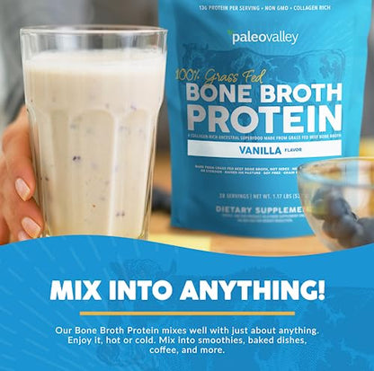 Paleovalley 100% Grass Fed Bone Broth Protein Powder - Vanilla - Rich in Collagen for Hair