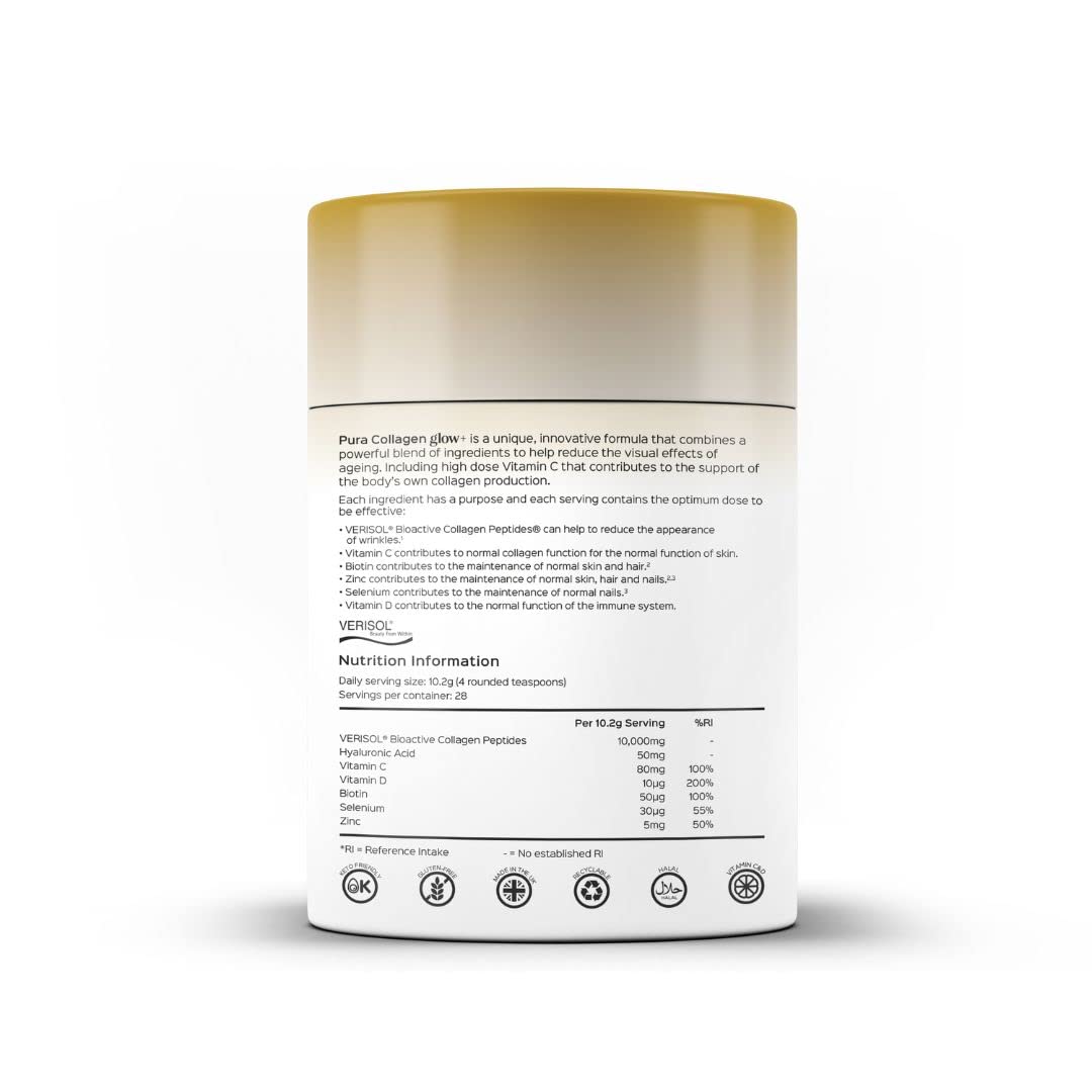 Pura Collagen Powdered Supplement Glow+, 10,000mg Hydrolysed Peptides, Hyaluronic Acid, Vitamins & Minerals, 28 Servings, 284 g