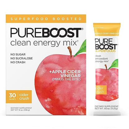 Pureboost Apple Cider Vinegar Superfoods Clean Energy Drink Mix, Boosted with 1,000 mg of ACV with The Mother. No Sugar or Artificial Sweeteners (30 Count, Cider Crush)Pureboost Apple Cider Vinegar Superfoods Clean Energy Drink Mix, Boosted with 1,000 mg 