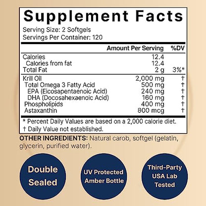 Antarctic Krill Oil 2000mg Supplement, 240 Softgels, 3X Strength Natural Source of Omega