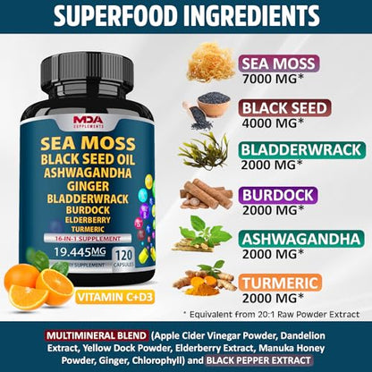 Sea Moss Black Seed Oil Ashwagandha Ginger - Multimineral Sea Moss Capsules