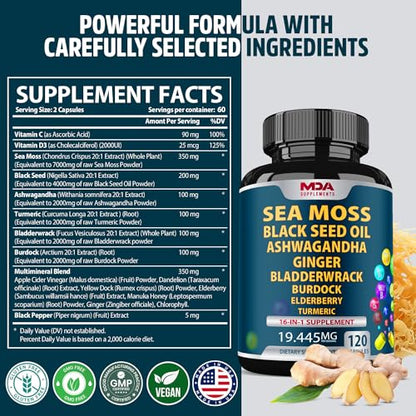 Sea Moss Black Seed Oil Ashwagandha Ginger - Multimineral Sea Moss Capsules