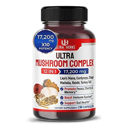 Ultra Mushroom Complex 17200MG Lion's Mane 4000mg Cordyceps 2000mg Maitake 