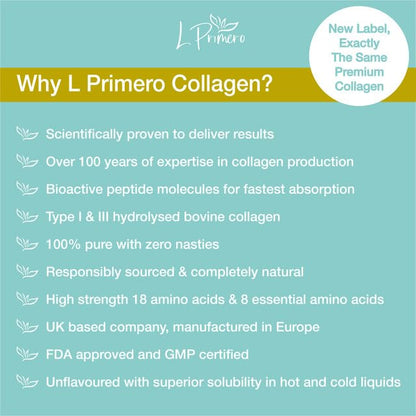 L Primero Collagen Peptides Powder 400g, Hydrolysed Unflavoured, Grass-Fed Bovine Bioactive Protein, Highly absorbable 18 Amino Acids, Keto