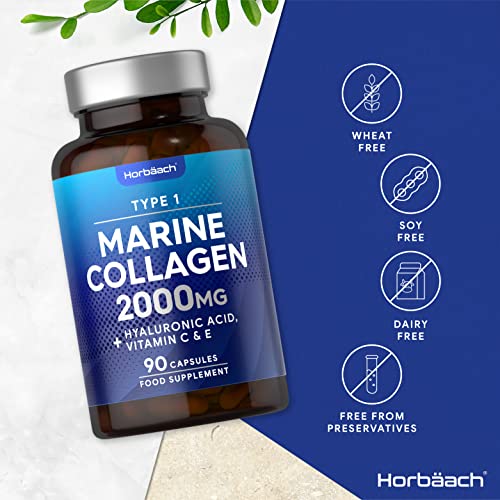 Marine Collagen Capsules | with Hyaluronic Acid, Vitamin C & E | 2000mg | High Strength Type 1 Collagen