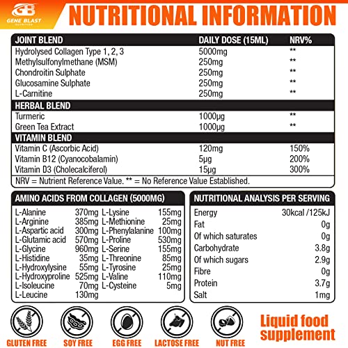 Gene Blast Body Flex, Liquid Joint Supplement w/Hydrolysed Collagen Type1 2 3 Plus Glucosamine