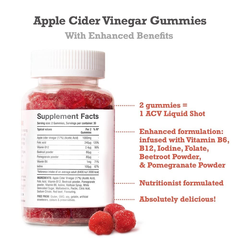 Apple Cider Vinegar Gummies with The Mother 1000mg Enhanced with Vitamin B12 & Folic