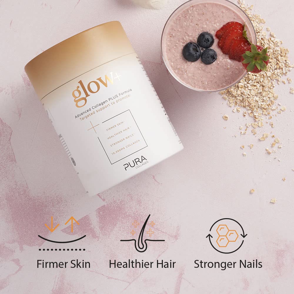 Pura Collagen Powdered Supplement Glow+, 10,000mg Hydrolysed Peptides, Hyaluronic Acid, Vitamins & Minerals, 28 Servings, 284 g