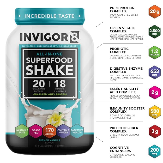 INVIGOR8 Superfood Grass Fed Whey Protein Isolate Shake French Vanilla Gluten-Free