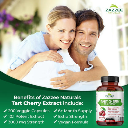 Zazzee Tart Cherry 10:1 Extract, 3000 mg Strength, 200 Vegan Capsules