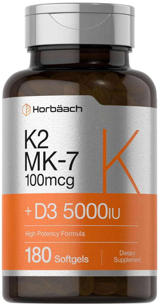 Horbäach Vitamin D3 K2 | 5000iu of Vitamin D & 100mcg MK-7 Complex | 180 Softgel Cap