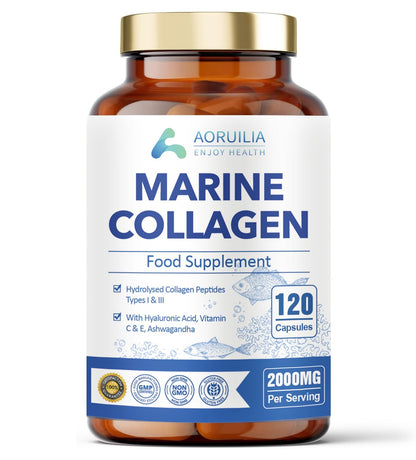 Marine Collagen Supplements for Women Men 2000mg 120 Capsules Hyaluronic Acid, Vitamin C, Vitamin E, & Ashwagandha