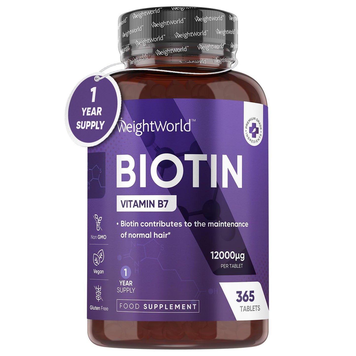 Biotin Hair Growth Supplement 12000mcg - 365 Vegan Biotin Tablets (1 Year Supply) 