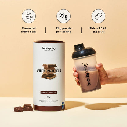 foodspring Whey Protein Powder Chocolate – with 22g Protein for Muscle Building, Perfect Solubility