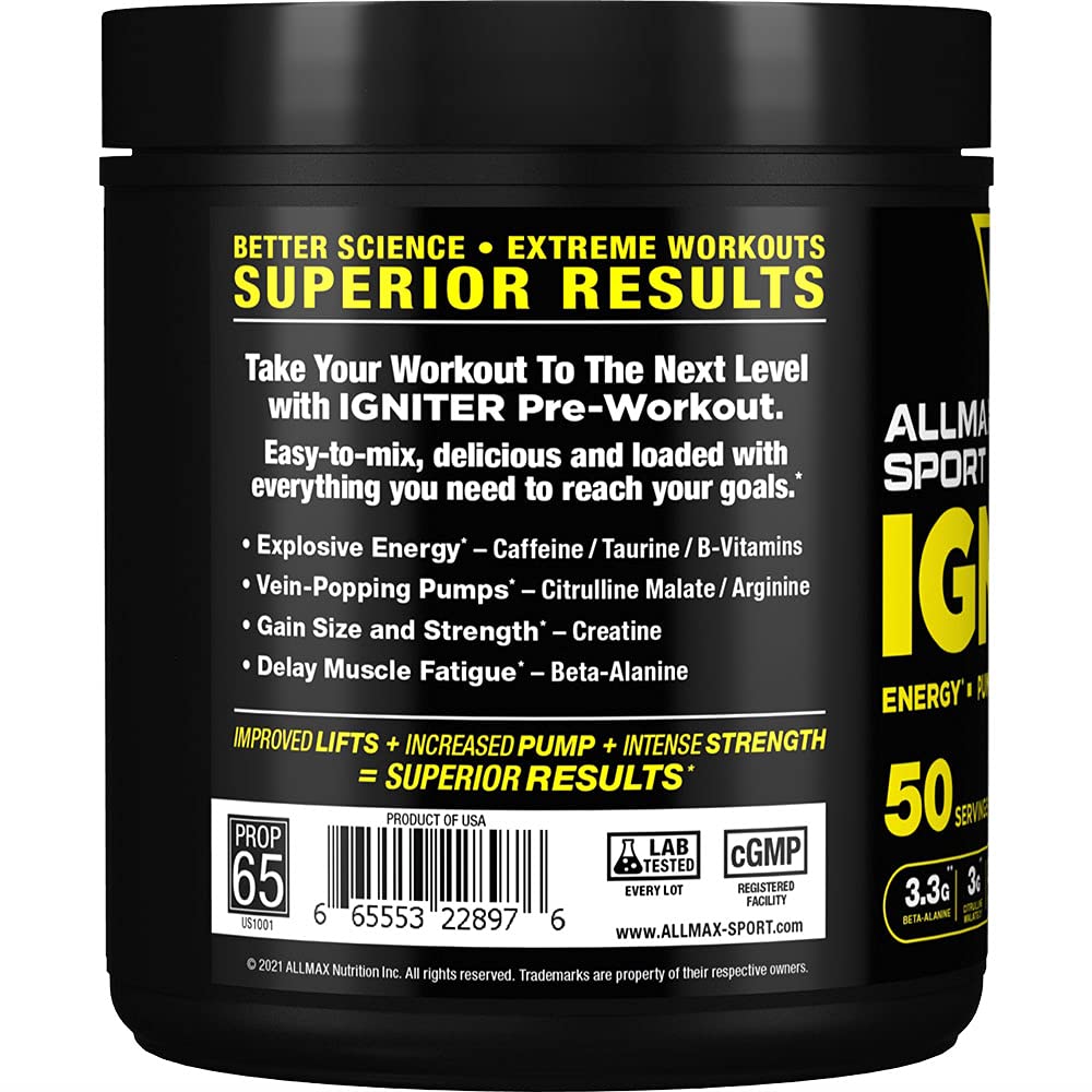 ALLMAX IGNITER Sport, Blue Raspberry - 330 g - Pre-Workout Formula - with Caffeine, L-Citrulline, L-Arginine, Creatine & Beta Alanine - Up to 50 Servings