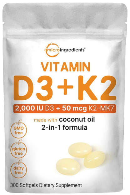 Vitamin D3 2,000 iu Plus K2 (MK-7) 50 mcg, 300 Virgin Coconut Oil Softgels | 2 in 1 Vitamin