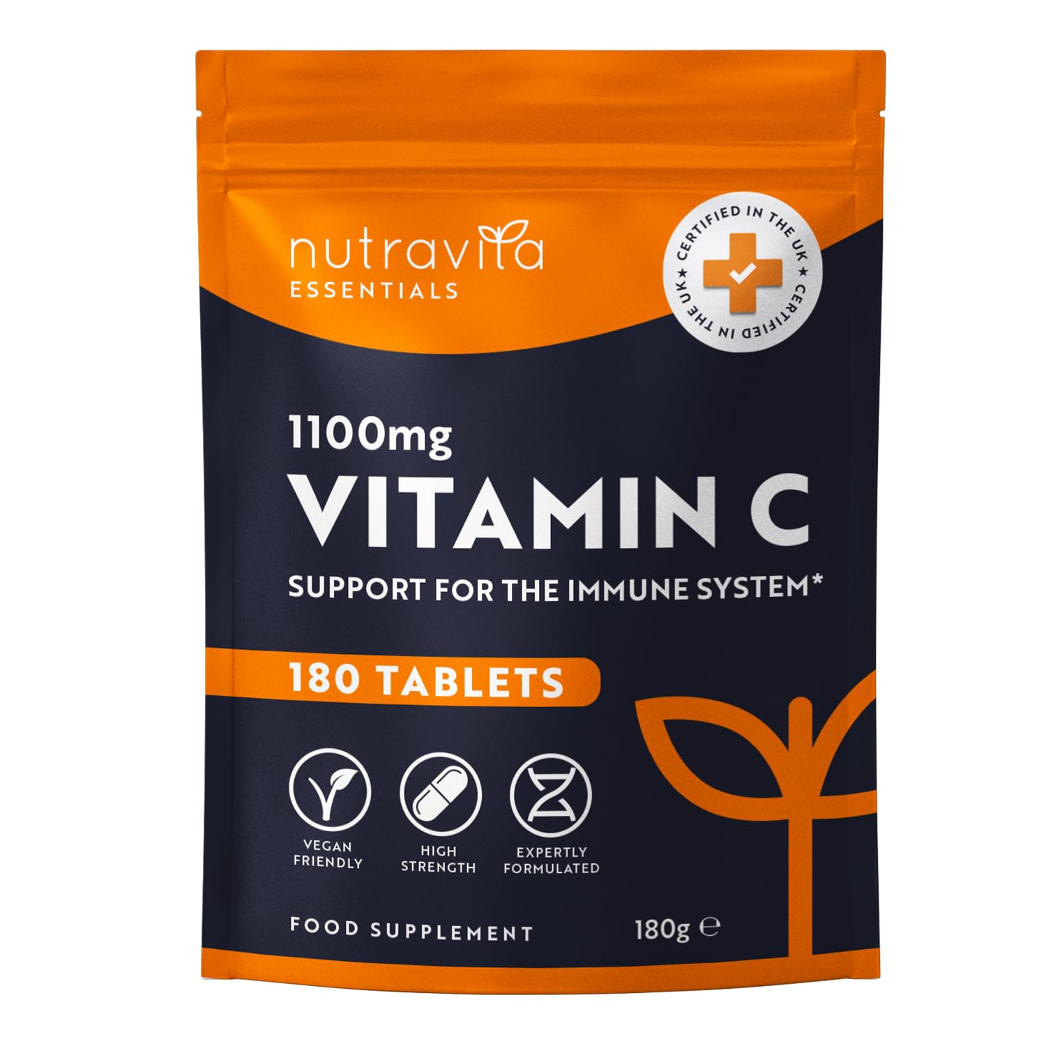 Vitamin C Tablets 1100mg – 180 Premium Vegan and Vegetarian Tablets – 3 Month Supply 