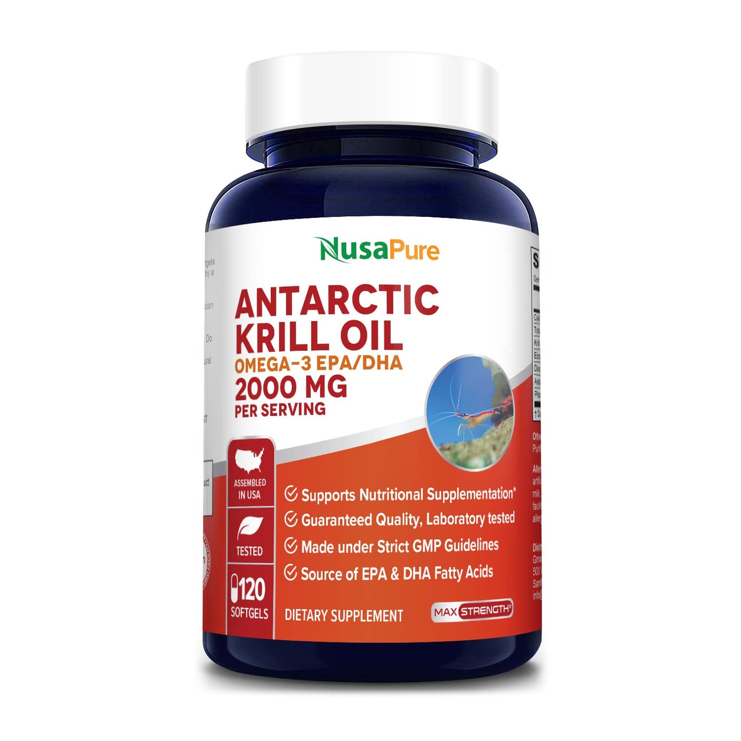 NusaPure Antarctic Krill Oil 2000 mg 120 Softgels, Omega-3 EPA 360mg, DHA 240mg