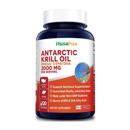 NusaPure Antarctic Krill Oil 2000 mg 120 Softgels, Omega-3 EPA 360mg, DHA 240mg