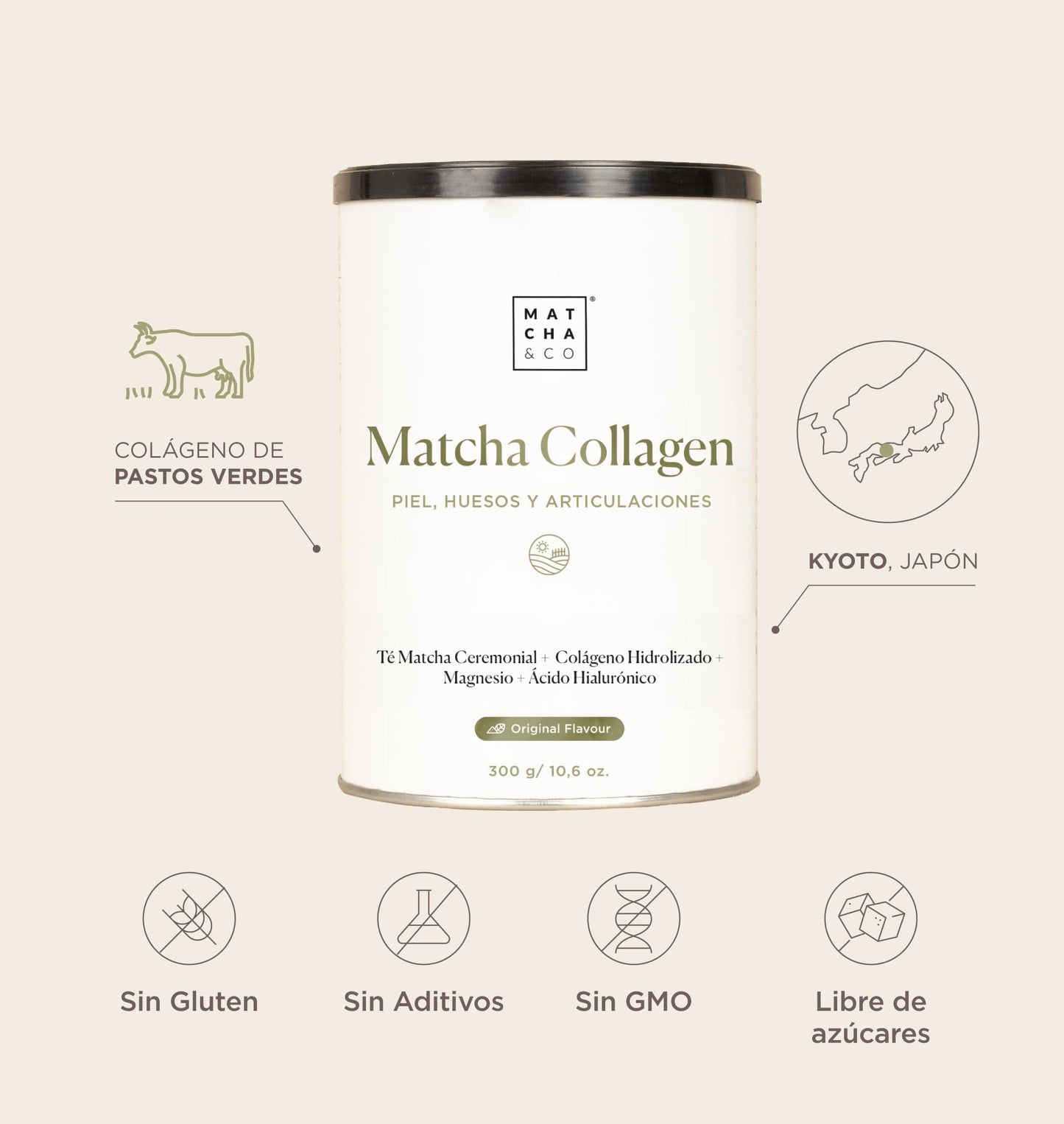 Collagen with Magnesium, Matcha Tea and Hyaluronic Acid. Joints, skin and nails