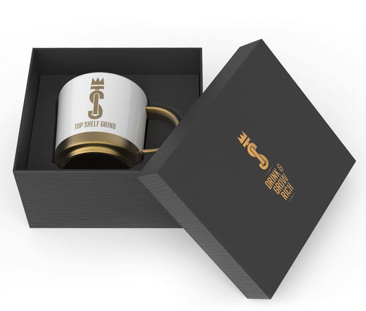 Top Shelf Grind Coffee Mug - The Prosperity Cup (Drink & Grow Rich) - White & Gold