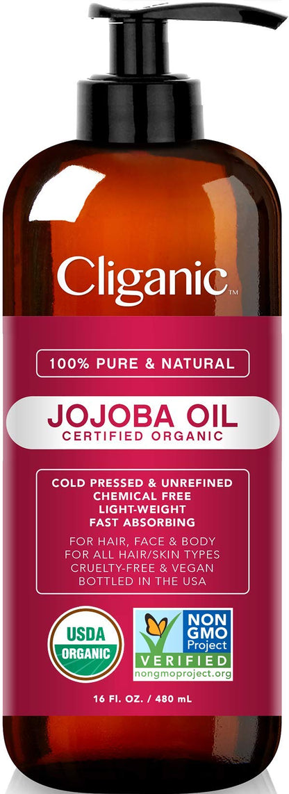 Cliganic Organic Jojoba Oil 16 oz, 100% Pure | Bulk, Natural Cold Pressed Unrefined 