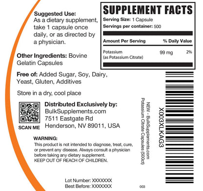 BulkSupplements.com Potassium Citrate Capsules - Potassium Supplement, Potassium