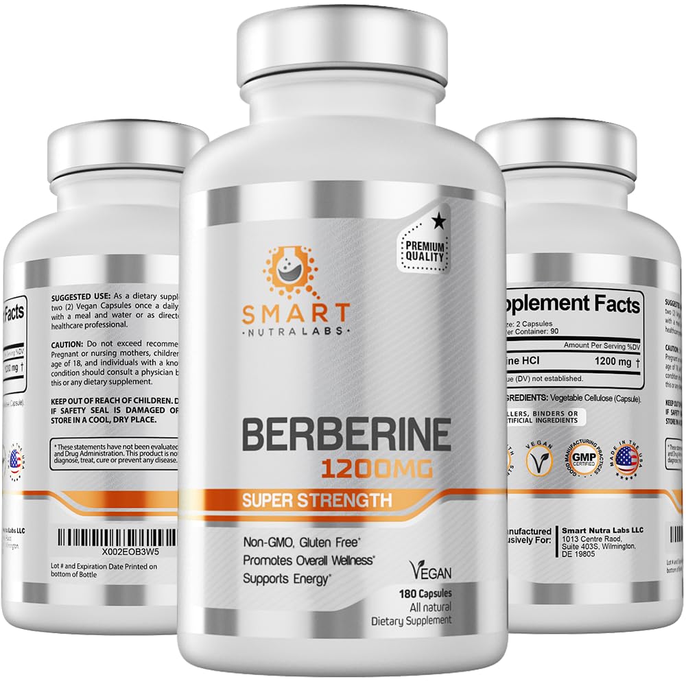 Smart Nutra Labs Premium Berberine HCL 1200mg- 180 Vegan Capsules, 100% Pure 