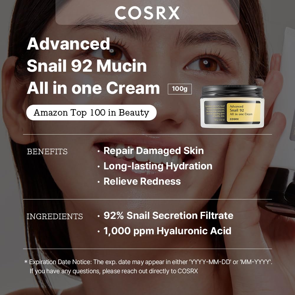 COSRX Snail Mucin 92% Repair Cream, Daily Face Gel Moisturizer for Dry Skin