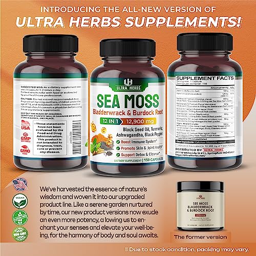 Organic Sea Moss Capsules 12,900mg with Black Seed Oil, Ashwagandha, Burdock Root