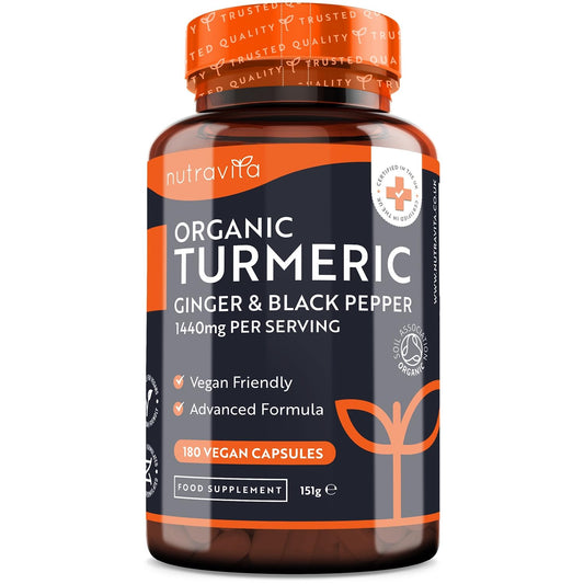 Organic Turmeric 1440mg (High Strength) with Black Pepper & Ginger - 180 Vegan Turmeric 