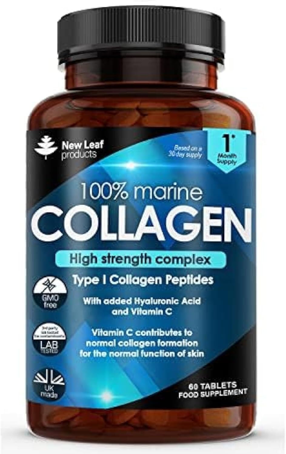 Pure Marine Collagen 100% Marine Collagen Type 1 1500mg - Hydrolysed Collagen Peptides Enhanced with Hyaluronic Acid & Vitamin C