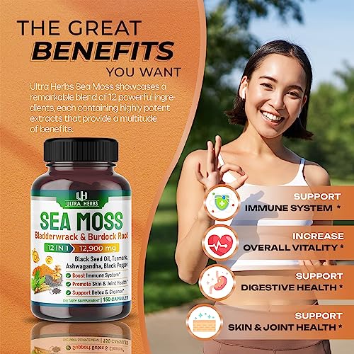 Organic Sea Moss Capsules 12,900mg with Black Seed Oil, Ashwagandha, Burdock Root