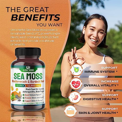 Organic Sea Moss Capsules 12,900mg with Black Seed Oil, Ashwagandha, Burdock Root