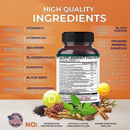 Organic Sea Moss Capsules 12,900mg with Black Seed Oil, Ashwagandha, Burdock Root