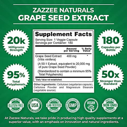 Zazzee High Strength Grape Seed 50:1 Extract, 20,000 mg Strength, 180 Vegan Capsules