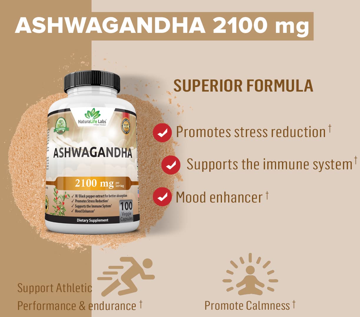 Organic Ashwagandha 2,100 mg - 100 Vegan Capsules Pure Organic Ashwagandha Powder