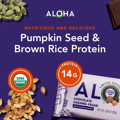 ALOHA Organic Plant Based Protein Bars | Chocolate Caramel Pecan | 12 Count, 1.98oz