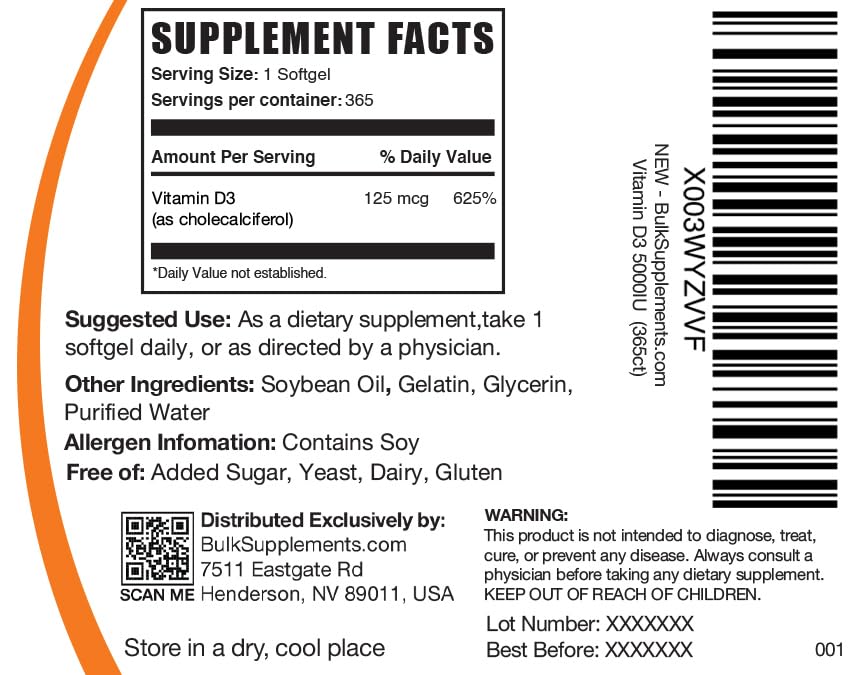 BULKSUPPLEMENTS.COM Vitamin D3 5000IU Softgels - Cholecalciferol, D3 Supplement